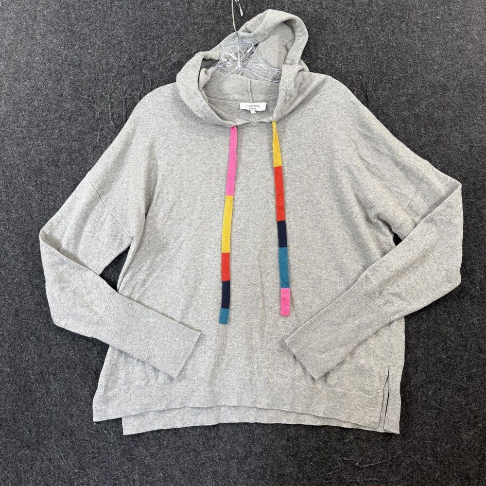 J Society Sweater Women's Large Gray Hooded Rainbow Ties Cotton Knit Thumb Holes